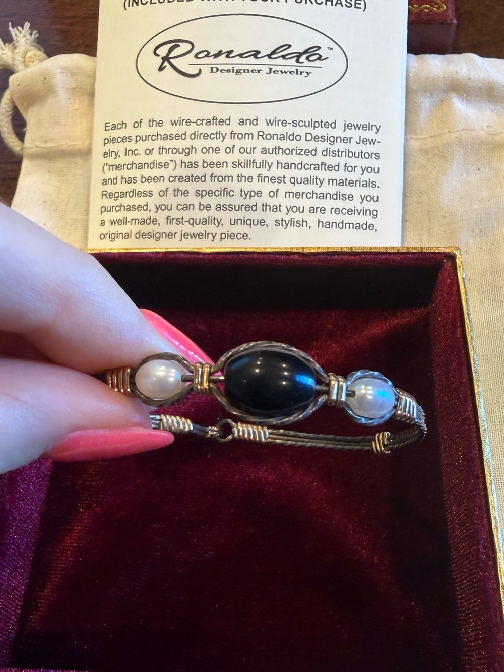 Ronaldo Trinity Bracelet 7" Black Onyx and Pearl Wire-Wrapped Bracelet